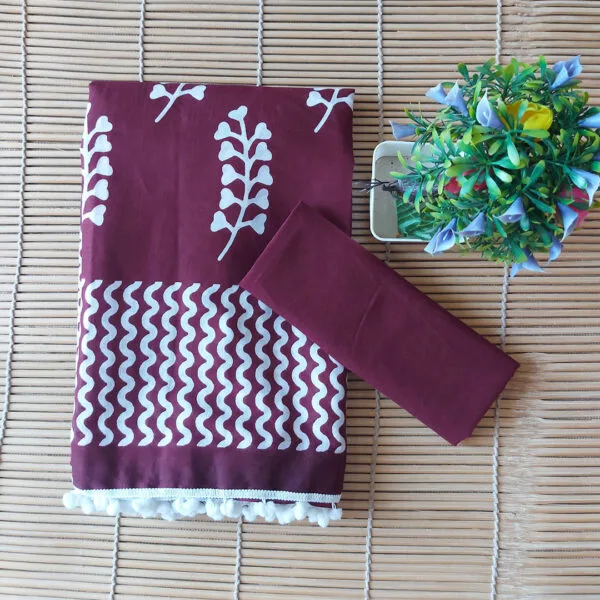 Block Print Cotton Saree With PomPom Lace