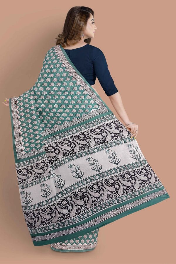 Block Printed Pure Cotton Mul Saree - Image 3