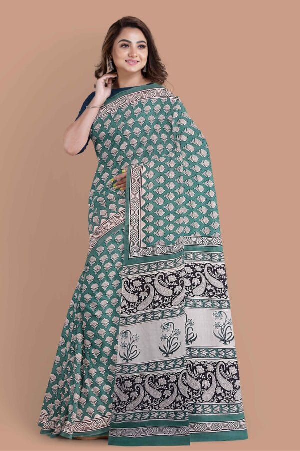 Block Printed Pure Cotton Mul Saree - Image 2