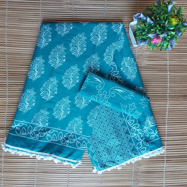 Printed Pure Cotton Saree With PomPom Lace - Image 2