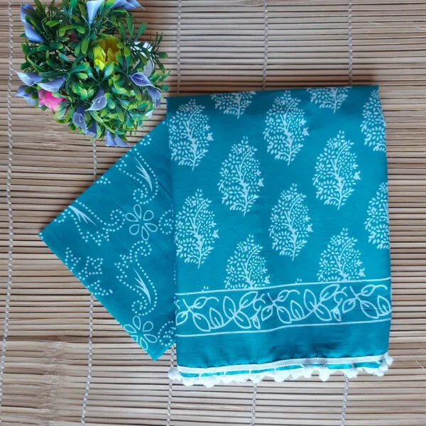 Printed Pure Cotton Saree With PomPom Lace