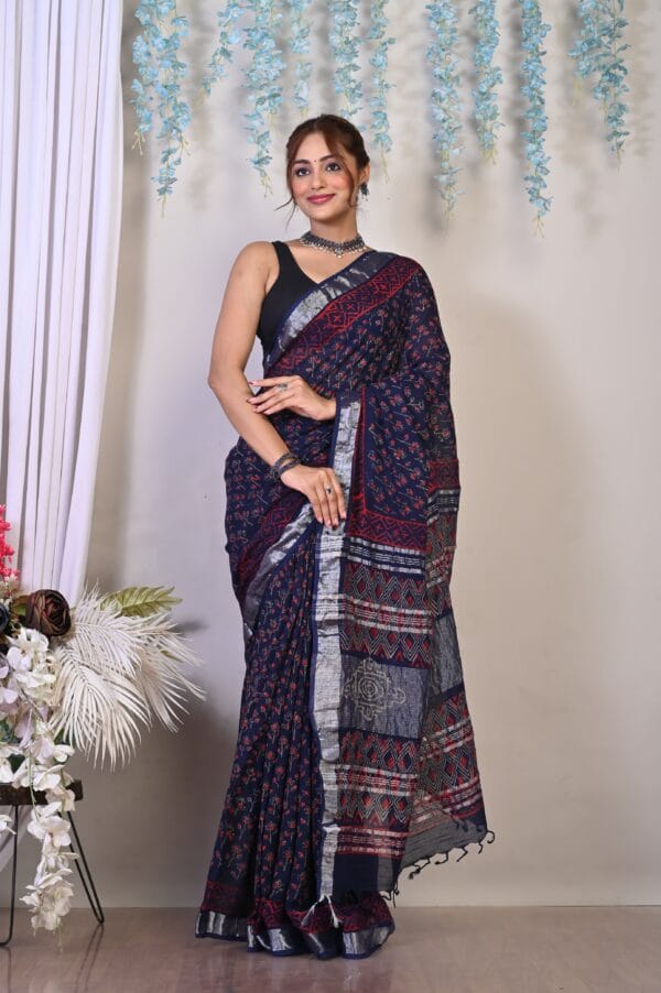 Block Print Cotton Linen Saree With Unstitched Blouse