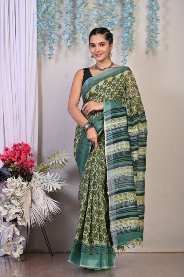 Block Print Cotton Linen Saree With Unstitched Blouse