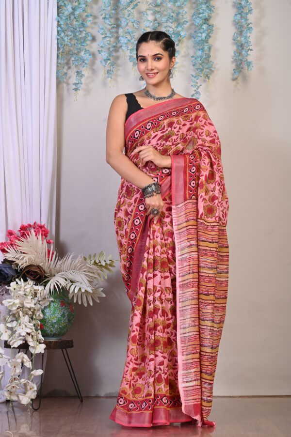 Block Print Cotton Linen Saree With Unstitched Blouse