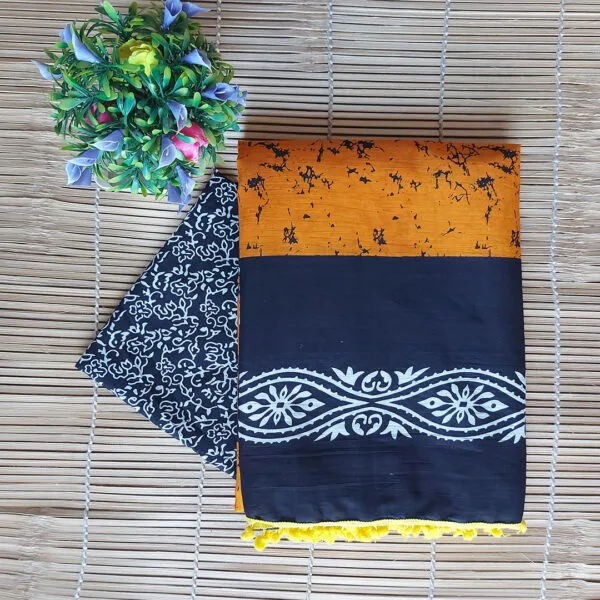 Block Print Cotton Saree With PomPom Lace