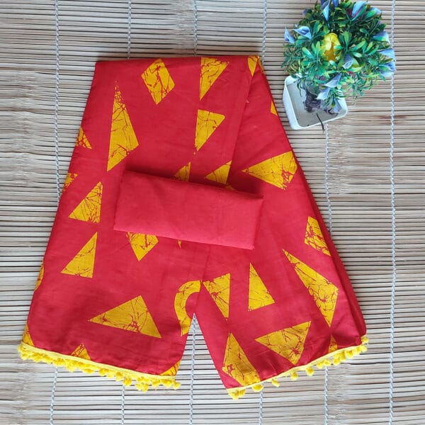 Block Print Cotton Saree With PomPom Lace