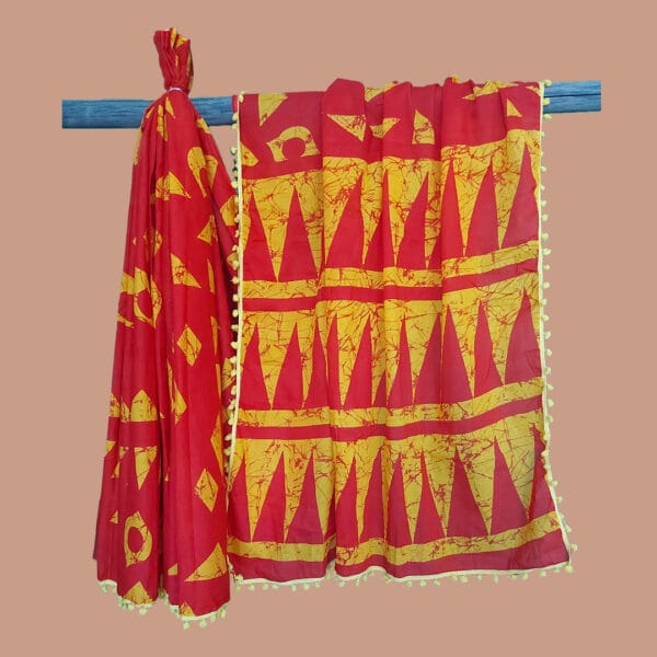 Block Print Cotton Saree With PomPom Lace - Image 3